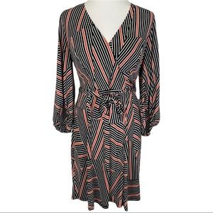 COLDWATER CREEK | Black Coral Geometric Print Faux Wrap Tie Waist Dress
